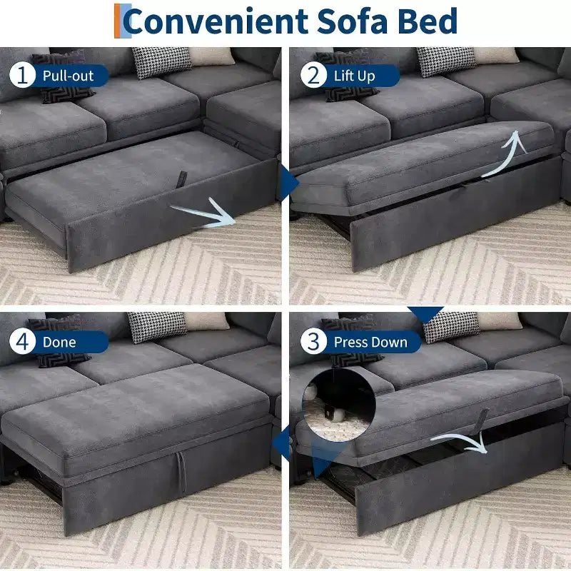 Acekool Divano letto componibile in ciniglia con letto estraibile, sedute contenitore e 2 pouf, divano convertibile per soggiorno, fodere rimovibili