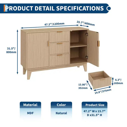 Mobile Contenitore da 47.2" L con 3 Cassetti, Credenza Grande con 2 Ante, Mobile TV Moderno a Metà Termine, Mobile Bar per Soggiorno, Cucina, Ingresso