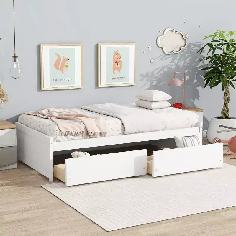 MAYEERTY Letto Matrimoniale con 2 Cassetti in Legno Massello di Caucciù Bianco per Camera da Letto