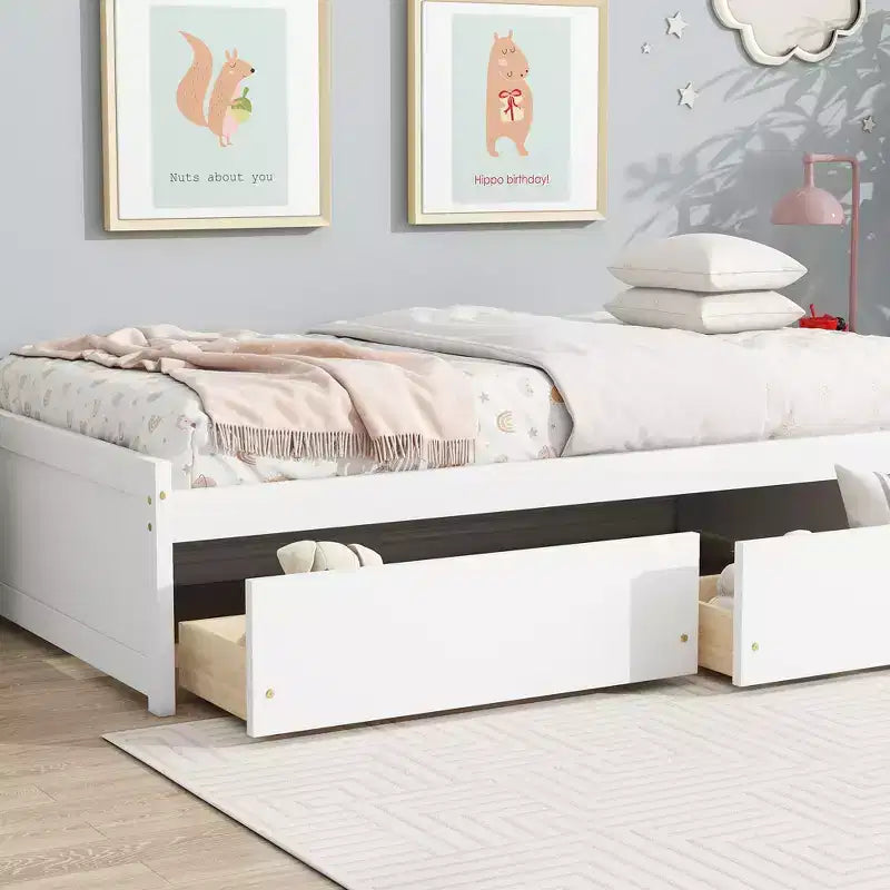 MAYEERTY Letto Matrimoniale con 2 Cassetti in Legno Massello di Caucciù Bianco per Camera da Letto