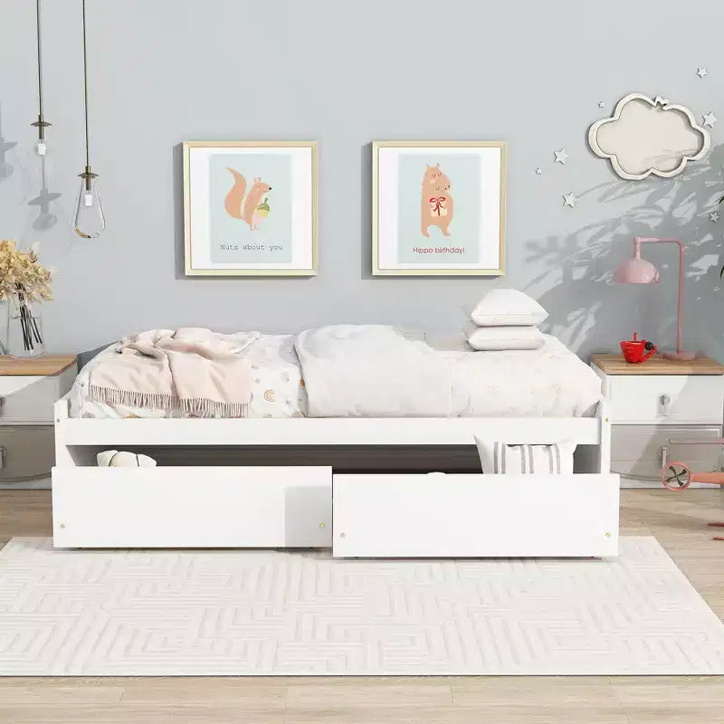 MAYEERTY Letto Matrimoniale con 2 Cassetti in Legno Massello di Caucciù Bianco per Camera da Letto