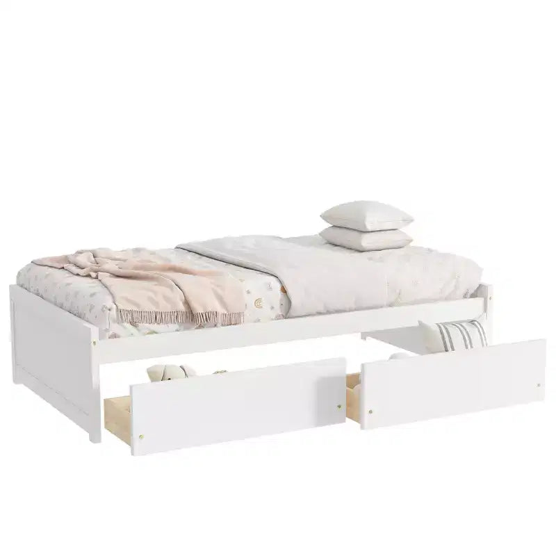 MAYEERTY Letto Matrimoniale con 2 Cassetti in Legno Massello di Caucciù Bianco per Camera da Letto
