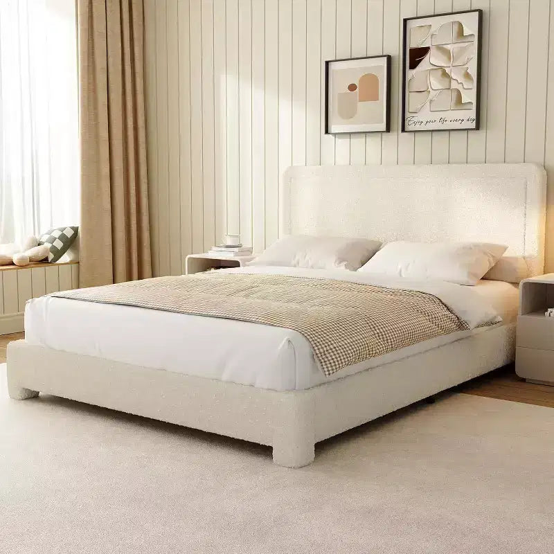 Dyonery Boucle Girolamo Letto, Moderno Girolamo Letto Color Crema con Testiera, Angoli Morbidi Arrotondati, Nessuna Rete a Molle Necessaria, Testiera Regolabile, Facile Montaggio