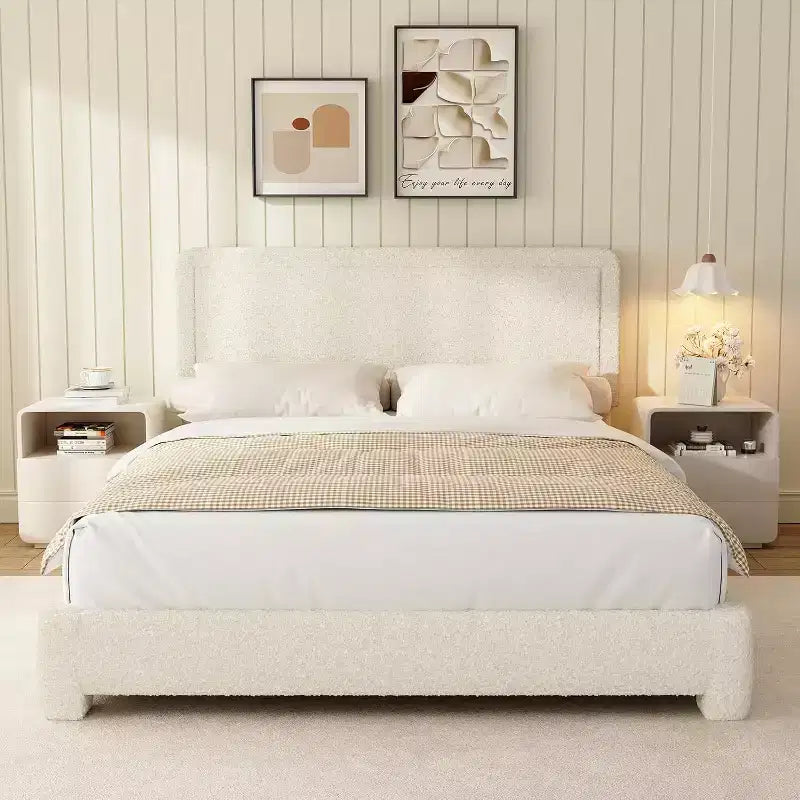 Dyonery Boucle Girolamo Letto, Moderno Girolamo Letto Color Crema con Testiera, Angoli Morbidi Arrotondati, Nessuna Rete a Molle Necessaria, Testiera Regolabile, Facile Montaggio