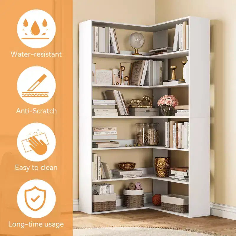 Libreria angolare a 6 ripiani a L "Tall Farmhouse" da 71", libreria moderna in legno con scaffali aperti per soggiorno e ufficio