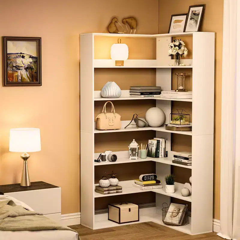 Libreria angolare a 6 ripiani a L "Tall Farmhouse" da 71", libreria moderna in legno con scaffali aperti per soggiorno e ufficio