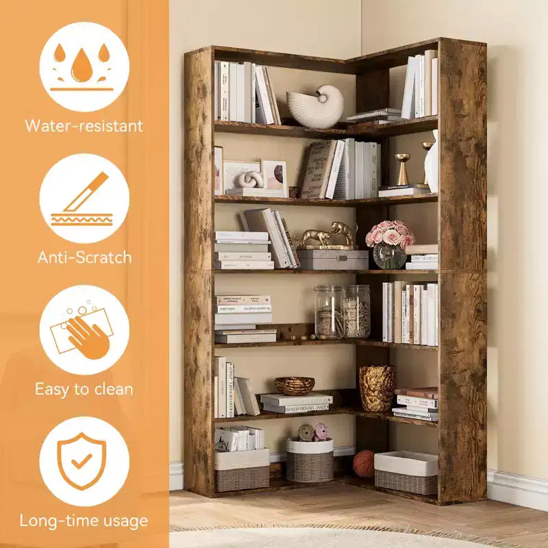 Libreria angolare a 6 ripiani a L "Tall Farmhouse" da 71", libreria moderna in legno con scaffali aperti per soggiorno e ufficio