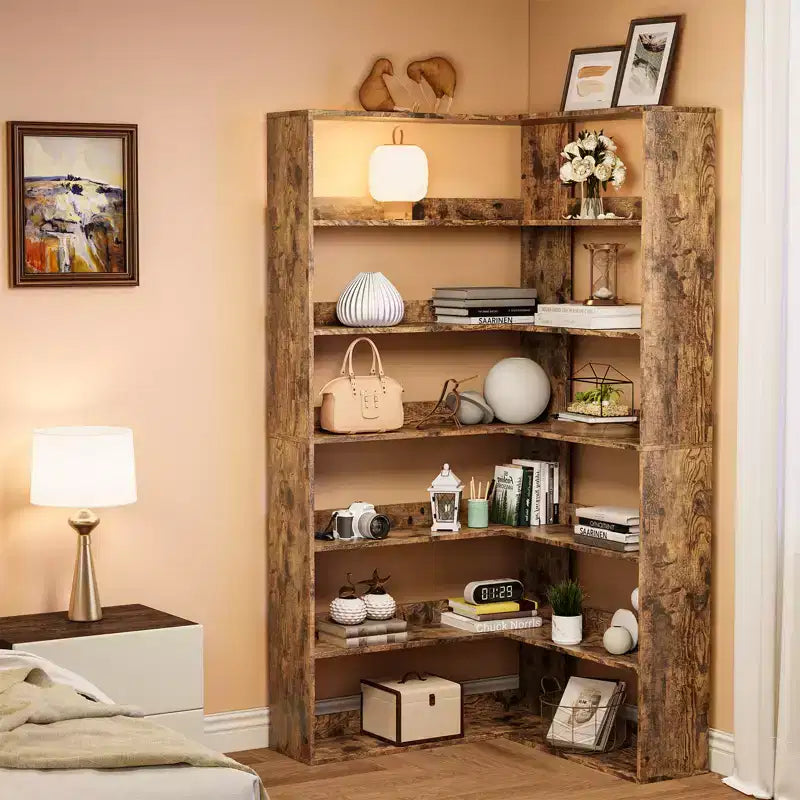 Libreria angolare a 6 ripiani a L "Tall Farmhouse" da 71", libreria moderna in legno con scaffali aperti per soggiorno e ufficio