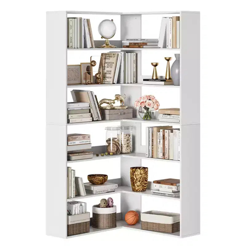 Libreria angolare a 6 ripiani a L "Tall Farmhouse" da 71", libreria moderna in legno con scaffali aperti per soggiorno e ufficio