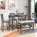Set da pranzo da 6 pezzi altezza bancone stile rustico, tavolo rettangolare con ripiano, 4 sedie e panca