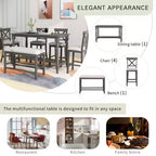 Set da pranzo da 6 pezzi altezza bancone stile rustico, tavolo rettangolare con ripiano, 4 sedie e panca
