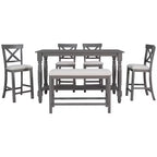 Set da pranzo da 6 pezzi altezza bancone stile rustico, tavolo rettangolare con ripiano, 4 sedie e panca