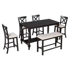 Set da pranzo da 6 pezzi altezza bancone stile rustico, tavolo rettangolare con ripiano, 4 sedie e panca