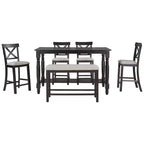 Set da pranzo da 6 pezzi altezza bancone stile rustico, tavolo rettangolare con ripiano, 4 sedie e panca