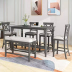 Set da pranzo da 6 pezzi altezza bancone stile rustico, tavolo rettangolare con ripiano, 4 sedie e panca