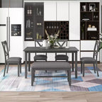 Set da pranzo da 6 pezzi con panca, stile rustico, per 6 persone, tavolo rettangolare in legno e 4 sedie imbottite