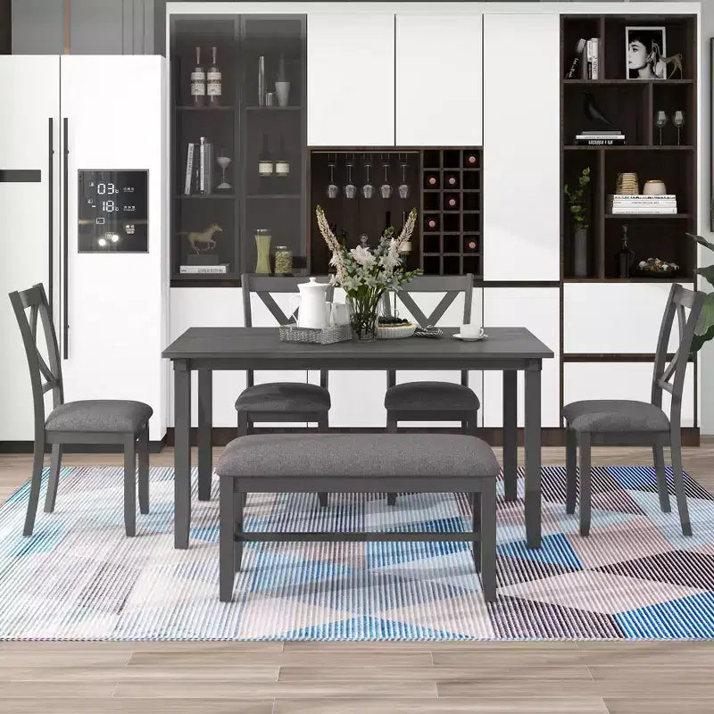 Set da pranzo da 6 pezzi con panca, stile rustico, per 6 persone, tavolo rettangolare in legno e 4 sedie imbottite