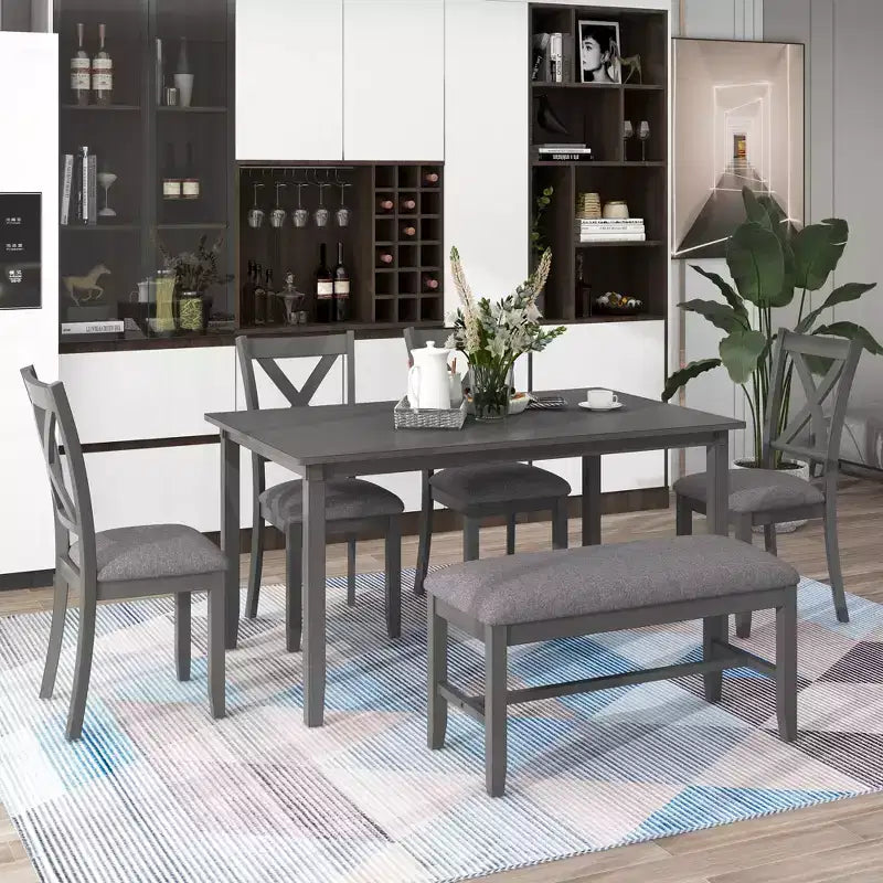 Set da pranzo da 6 pezzi con panca, stile rustico, per 6 persone, tavolo rettangolare in legno e 4 sedie imbottite