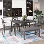 Set da pranzo da 6 pezzi con panca, stile rustico, per 6 persone, tavolo rettangolare in legno e 4 sedie imbottite