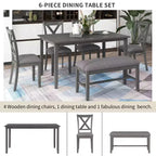 Set da pranzo da 6 pezzi con panca, stile rustico, per 6 persone, tavolo rettangolare in legno e 4 sedie imbottite