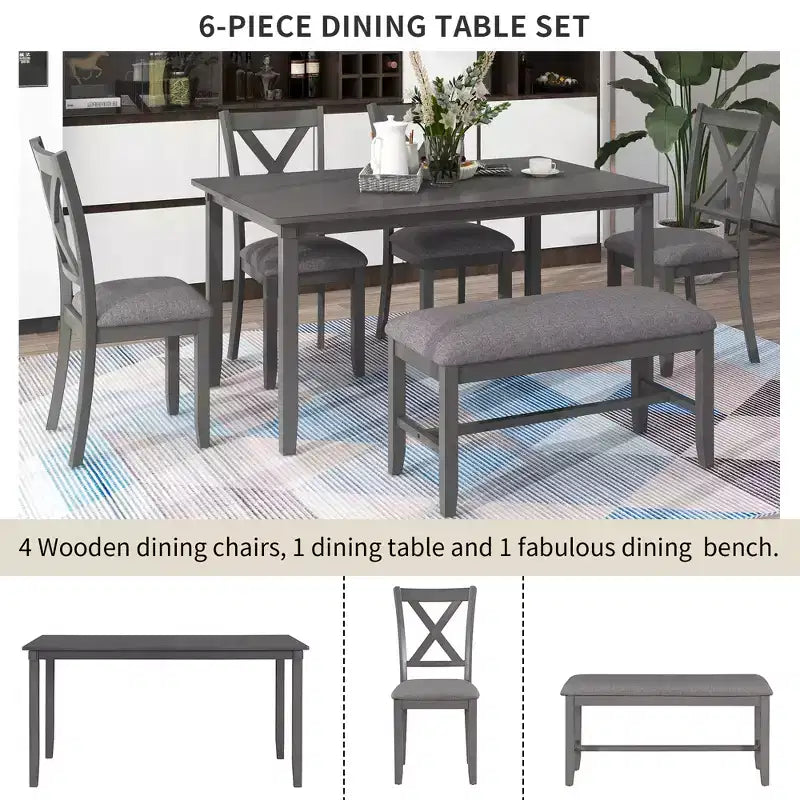 Set da pranzo da 6 pezzi con panca, stile rustico, per 6 persone, tavolo rettangolare in legno e 4 sedie imbottite