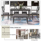 Set da pranzo da 6 pezzi con panca, stile rustico, per 6 persone, tavolo rettangolare in legno e 4 sedie imbottite