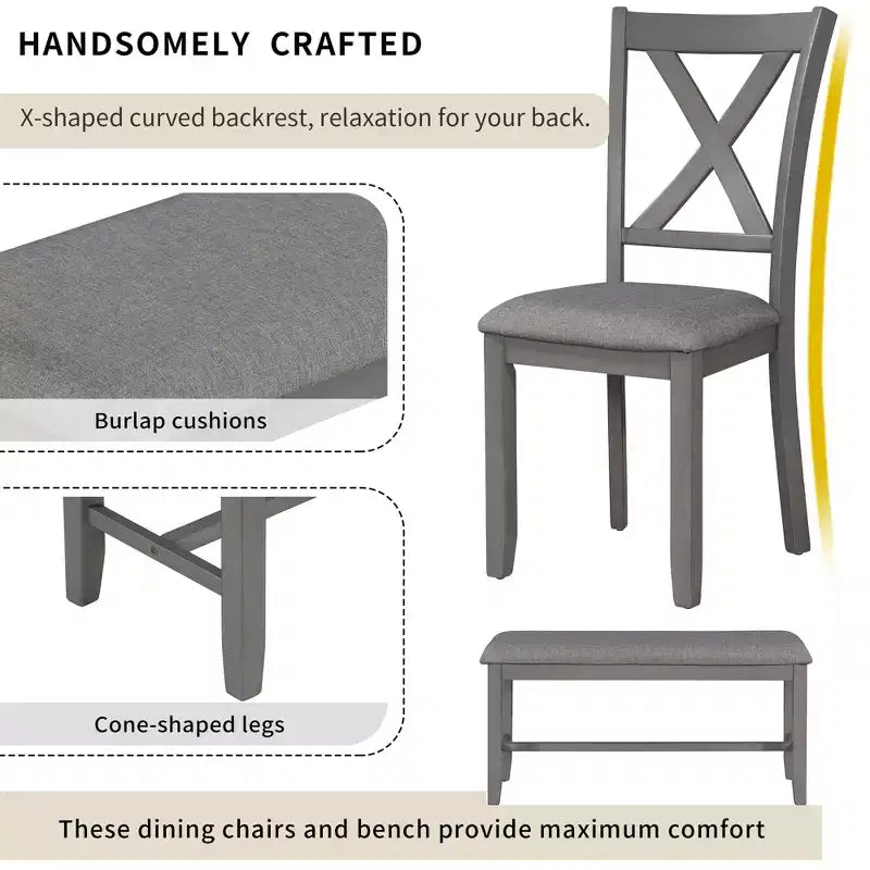 Set da pranzo da 6 pezzi con panca, stile rustico, per 6 persone, tavolo rettangolare in legno e 4 sedie imbottite