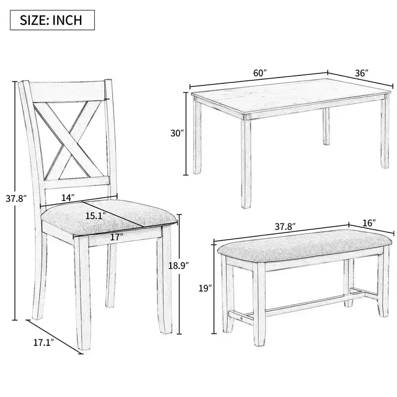 Set da pranzo da 6 pezzi con panca, stile rustico, per 6 persone, tavolo rettangolare in legno e 4 sedie imbottite