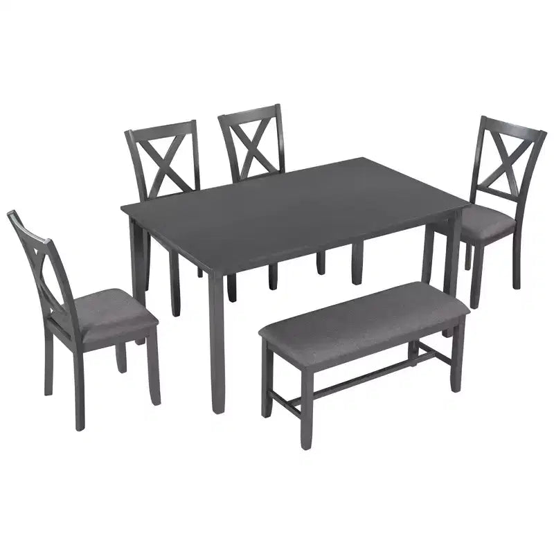 Set da pranzo da 6 pezzi con panca, stile rustico, per 6 persone, tavolo rettangolare in legno e 4 sedie imbottite