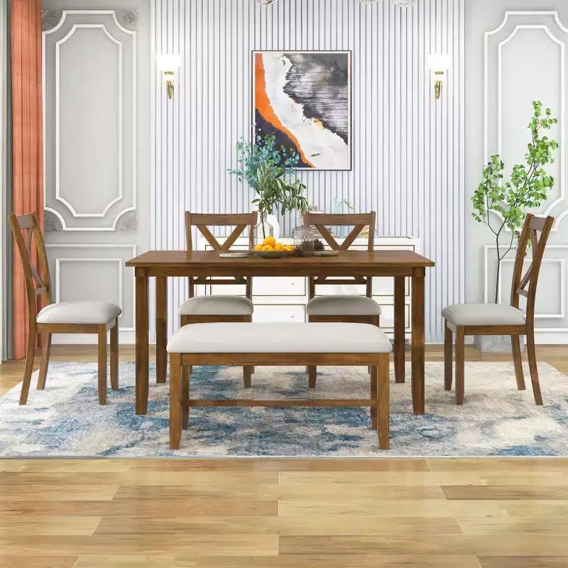 Set da pranzo da 6 pezzi con panca, stile rustico, per 6 persone, tavolo rettangolare in legno e 4 sedie imbottite