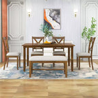 Set da pranzo da 6 pezzi con panca, stile rustico, per 6 persone, tavolo rettangolare in legno e 4 sedie imbottite