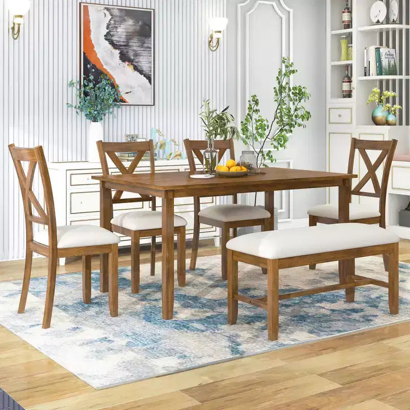 Set da pranzo da 6 pezzi con panca, stile rustico, per 6 persone, tavolo rettangolare in legno e 4 sedie imbottite