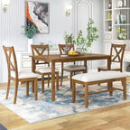 Set da pranzo da 6 pezzi con panca, stile rustico, per 6 persone, tavolo rettangolare in legno e 4 sedie imbottite