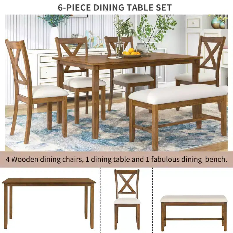 Set da pranzo da 6 pezzi con panca, stile rustico, per 6 persone, tavolo rettangolare in legno e 4 sedie imbottite