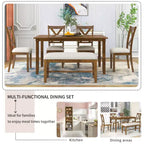 Set da pranzo da 6 pezzi con panca, stile rustico, per 6 persone, tavolo rettangolare in legno e 4 sedie imbottite