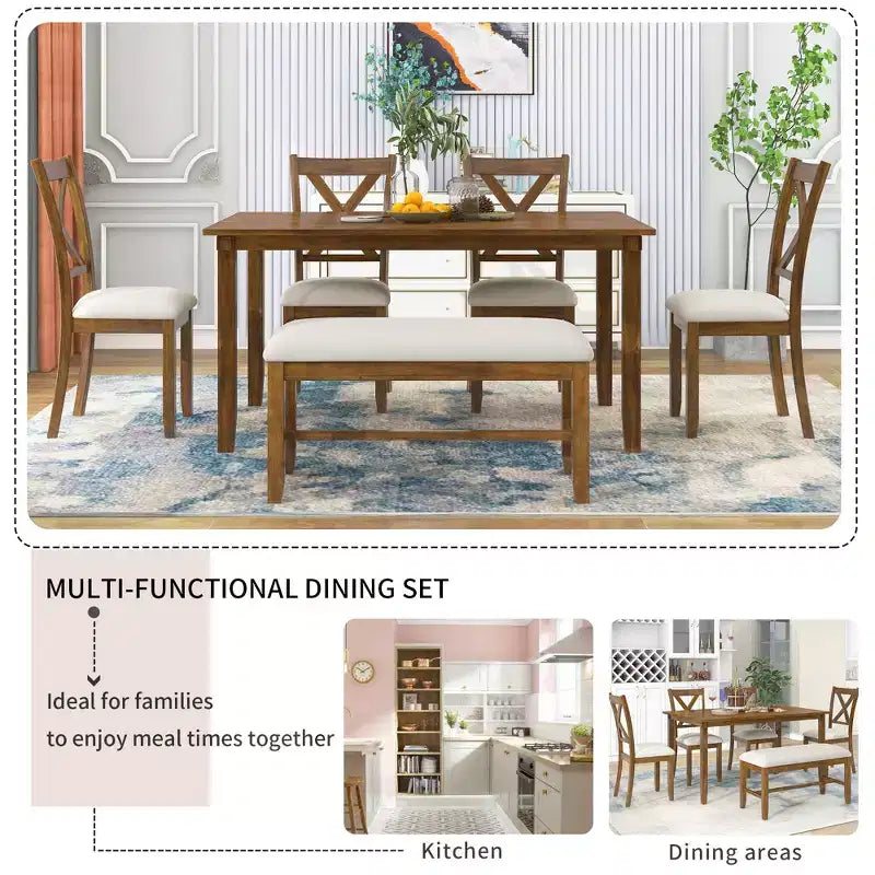 Set da pranzo da 6 pezzi con panca, stile rustico, per 6 persone, tavolo rettangolare in legno e 4 sedie imbottite