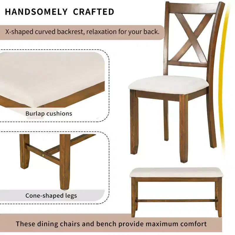 Set da pranzo da 6 pezzi con panca, stile rustico, per 6 persone, tavolo rettangolare in legno e 4 sedie imbottite