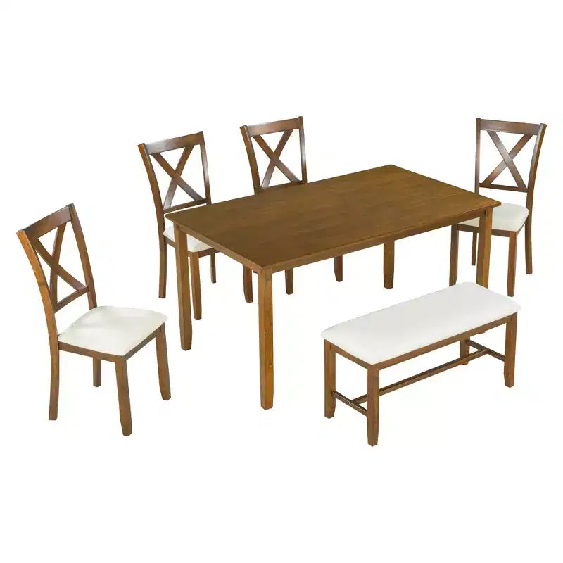 Set da pranzo da 6 pezzi con panca, stile rustico, per 6 persone, tavolo rettangolare in legno e 4 sedie imbottite