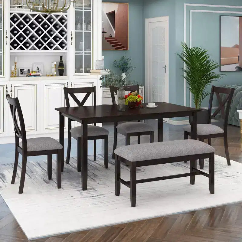 Set da pranzo da 6 pezzi con panca, stile rustico, per 6 persone, tavolo rettangolare in legno e 4 sedie imbottite