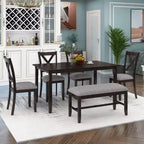 Set da pranzo da 6 pezzi con panca, stile rustico, per 6 persone, tavolo rettangolare in legno e 4 sedie imbottite