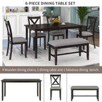 Set da pranzo da 6 pezzi con panca, stile rustico, per 6 persone, tavolo rettangolare in legno e 4 sedie imbottite