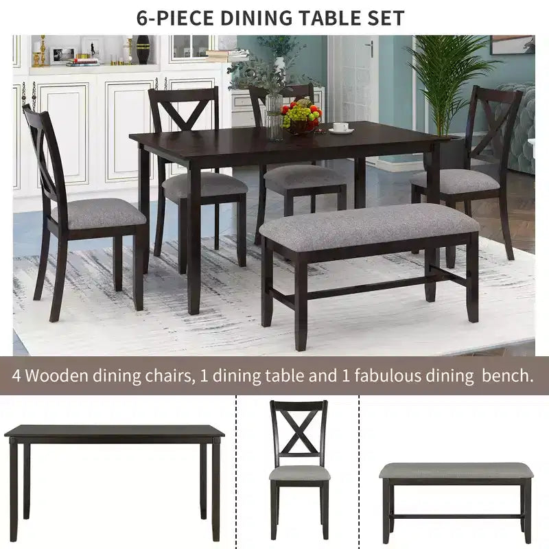 Set da pranzo da 6 pezzi con panca, stile rustico, per 6 persone, tavolo rettangolare in legno e 4 sedie imbottite