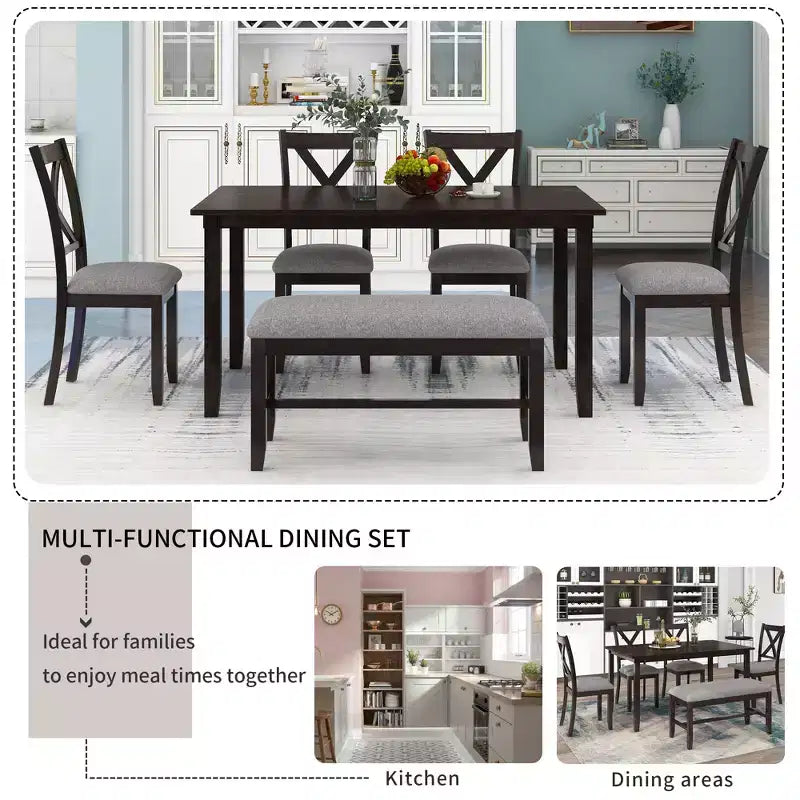 Set da pranzo da 6 pezzi con panca, stile rustico, per 6 persone, tavolo rettangolare in legno e 4 sedie imbottite