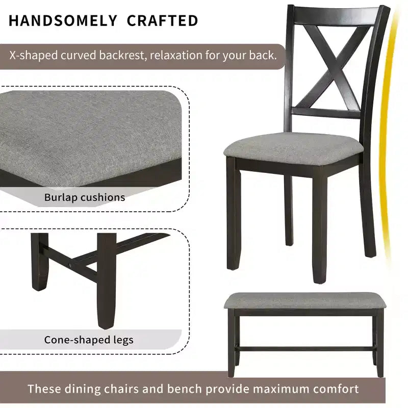 Set da pranzo da 6 pezzi con panca, stile rustico, per 6 persone, tavolo rettangolare in legno e 4 sedie imbottite