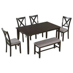 Set da pranzo da 6 pezzi con panca, stile rustico, per 6 persone, tavolo rettangolare in legno e 4 sedie imbottite