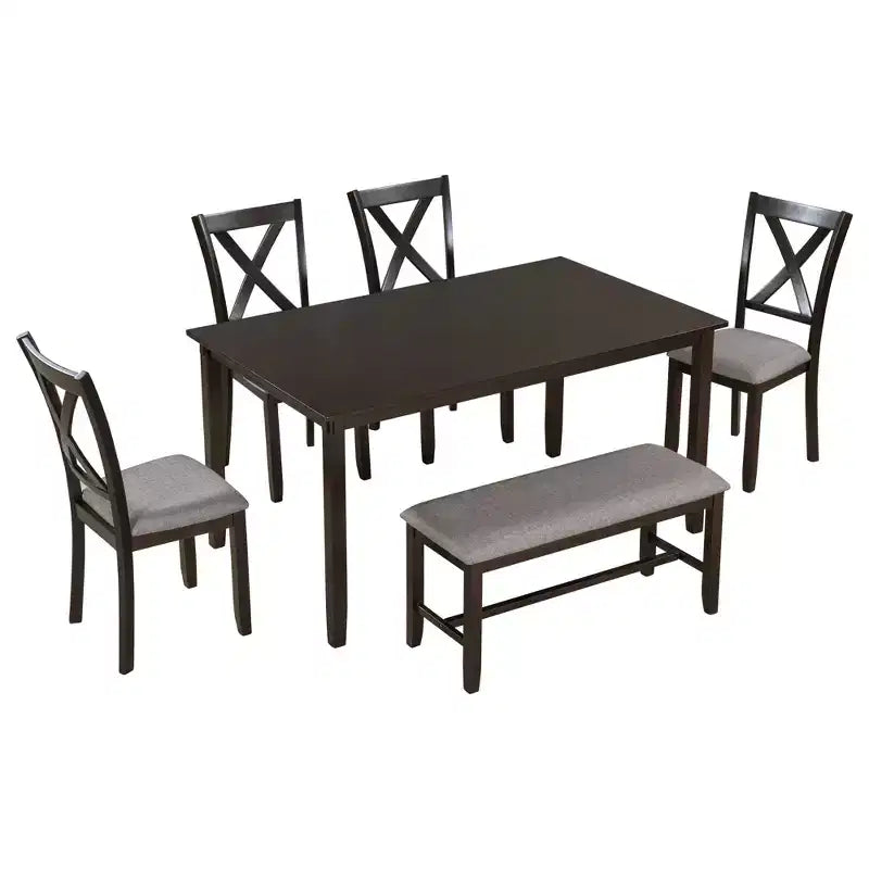 Set da pranzo da 6 pezzi con panca, stile rustico, per 6 persone, tavolo rettangolare in legno e 4 sedie imbottite