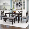 Farmhouse 6 Pieces Dining Set with Bench for 6, Wooden Rectangle Table and 4 Upholstered Chairs