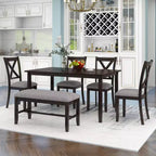 Farmhouse 6 Pieces Dining Set with Bench for 6, Wooden Rectangle Table and 4 Upholstered Chairs