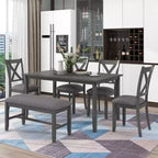 Set da pranzo da 6 pezzi con panca, stile rustico, per 6 persone, tavolo rettangolare in legno e 4 sedie imbottite