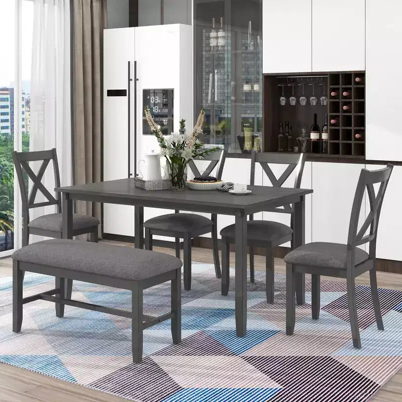 Set da pranzo da 6 pezzi con panca, stile rustico, per 6 persone, tavolo rettangolare in legno e 4 sedie imbottite